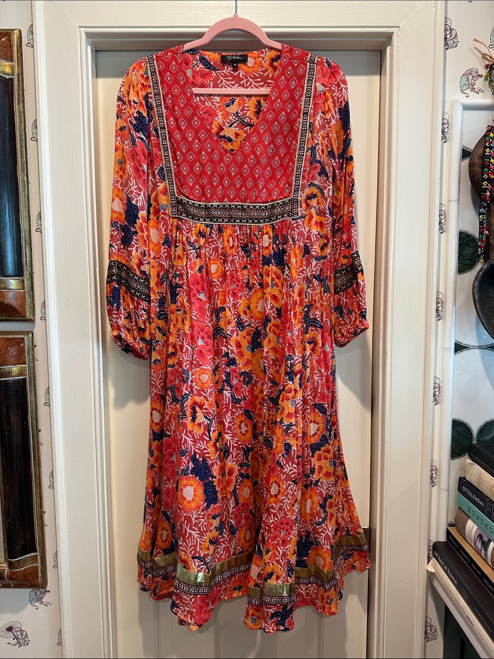 Bohemian Red Floral Long-Sleeve Midi Dress